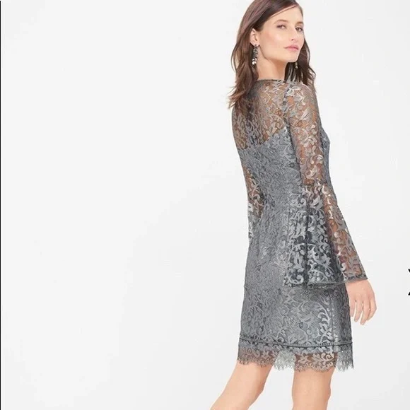 White House Black Market | Dresses | White House Black Market Bell Sleeve  Silver Lace Formal Shift Dress Size 6 | Poshmark